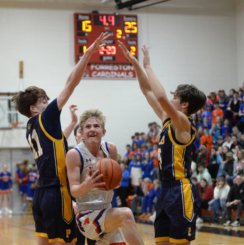 Eastland's Trevor Janssen (11) drives to the basket as Polo's Nolan Hahn (left) and Gus Mumford (right) defend on Friday, Feb. 23, 2024 at the 1A Forreston Regional championship game at Forreston High School.