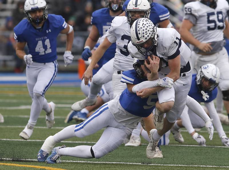 Geneva's Dylan Reyes tackle4s Cary-Grove's Peyton Seaburg during an IHSA Class 6A semifinal football game on Saturday, Nov. 23, 2024, at Geneva High School.