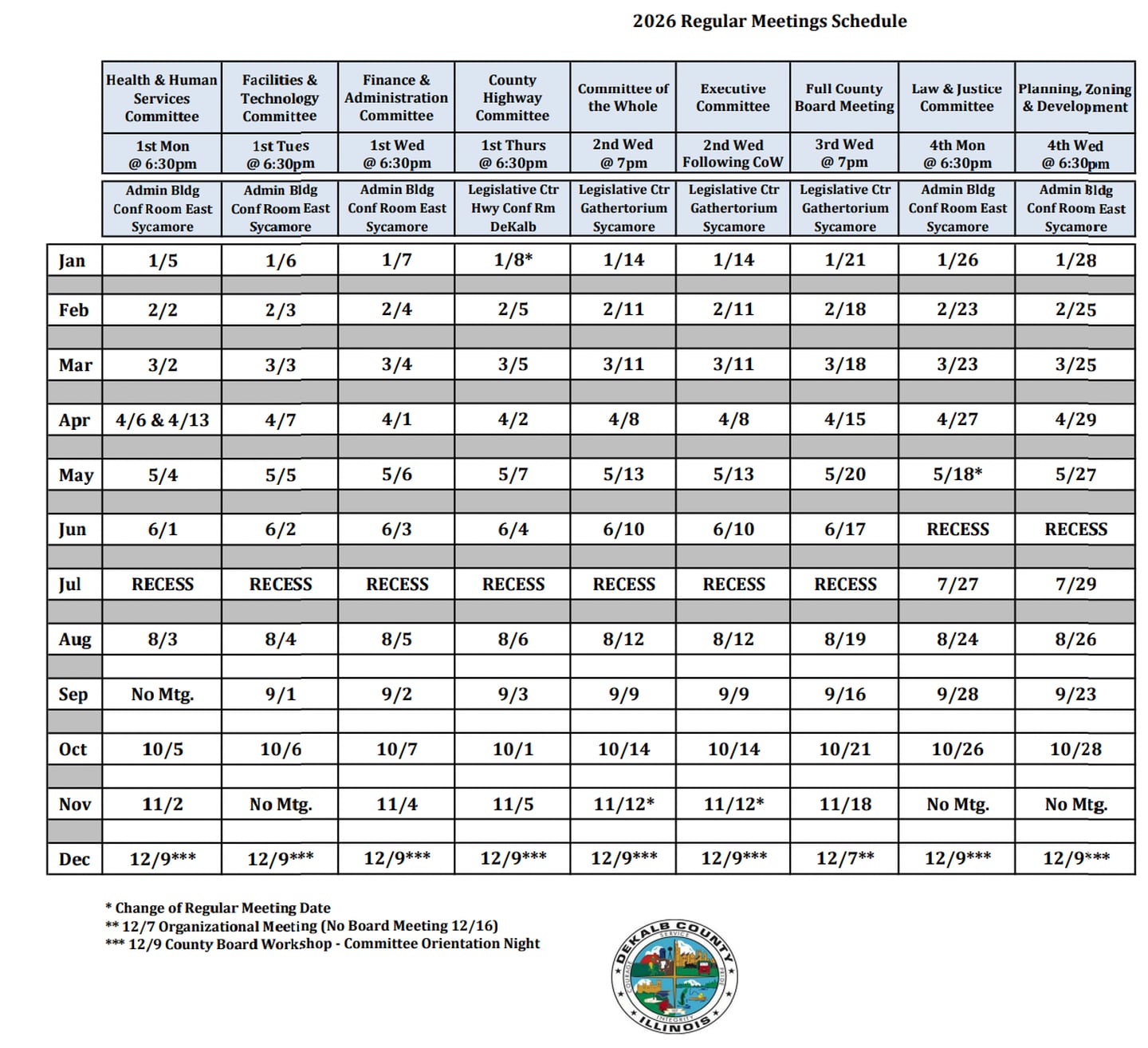 The meeting schedule for the DeKalb County Board and associated committees for 2026, according to county documents.