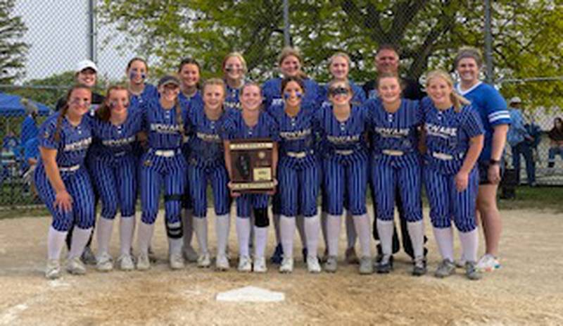 The Newark softball team poses with the regional plaque after beating Indian Creek to win the Class 1A Newark Regional championship on Friday, May 19.