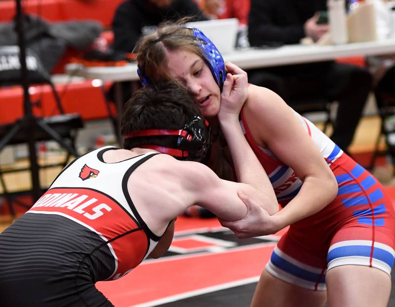 Oregon's Kendra Ege (right) wrestles Stillman Valley's Carter Paulsen during action in the 106 pound division during the Stillman Valley Holiday Tournament on Saturday, Dec. 20, 2025 at Stillman Valley High School.