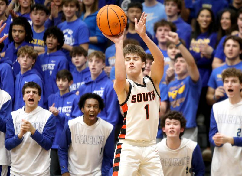 Wheaton Warrenville South's Brady McClatchy shoots the ball during a game against Wheaton North on Friday, Feb. 7, 2025 in Wheaton.