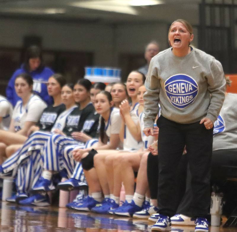 Geneva’s Head Coach Sarah Meadows guides the Vikings against Boylan in girls IHSA Class 3A Sectional basketball on Tuesday, Feb. 24, 2026, at Crystal Lake Central High School in Crystal Lake.