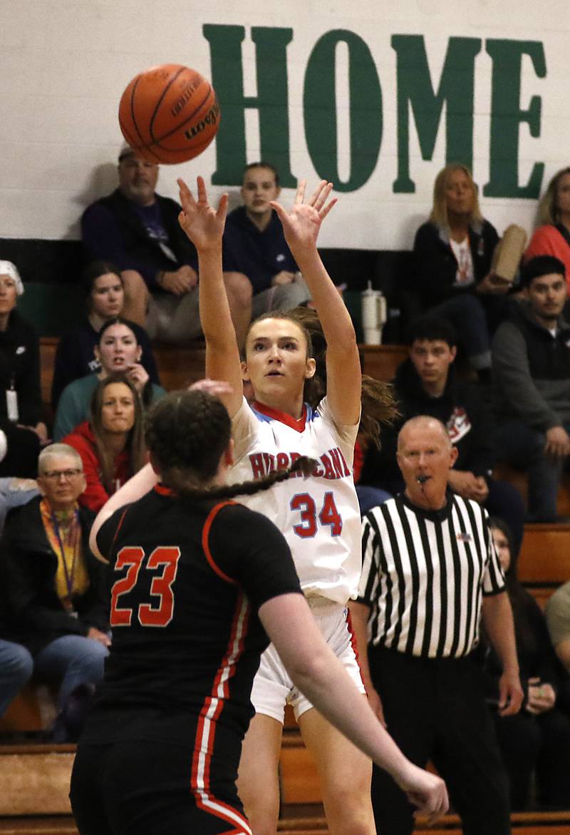 Marian Central's Juliette Huff shoots the ball over Crystal Lake Central's Leah Spychala during the girl’s game of McHenry County Area All-Star Basketball Extravaganza on Sunday, April 13, 2025, at Alden-Hebron’s Tigard Gymnasium in Hebron.