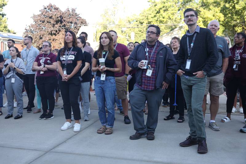 Lockport Township High School staff attend the reopening celebration of the Lockport High School Central Campus on Friday, Aug. 16, 2024.