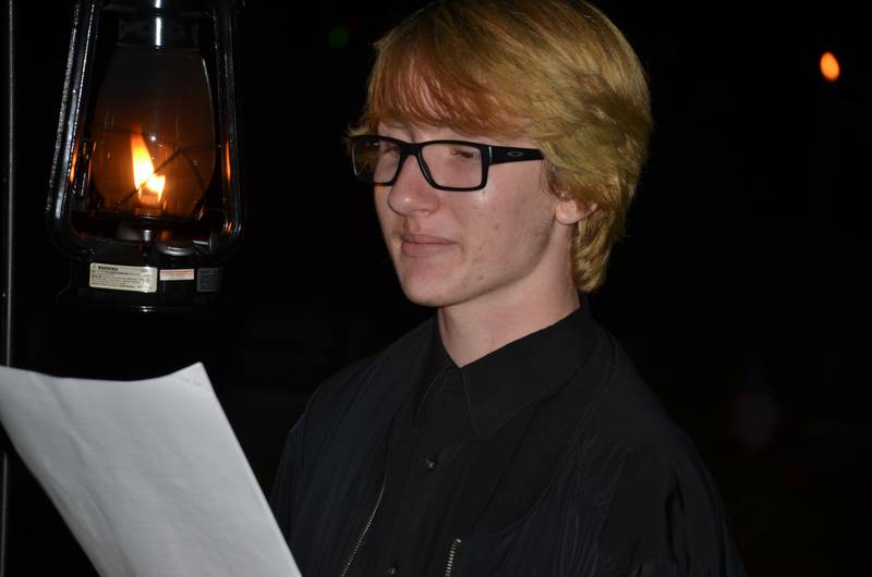 Oswego High School student Grayson Arndt portrays Charles Flynn, a World War II soldier, during the Village of Montgomery’s annual cemetery walk at Riverside Cemetery Wednesday, Oct. 5. The free event is sponsored by the village’s Historic Preservation Commission.