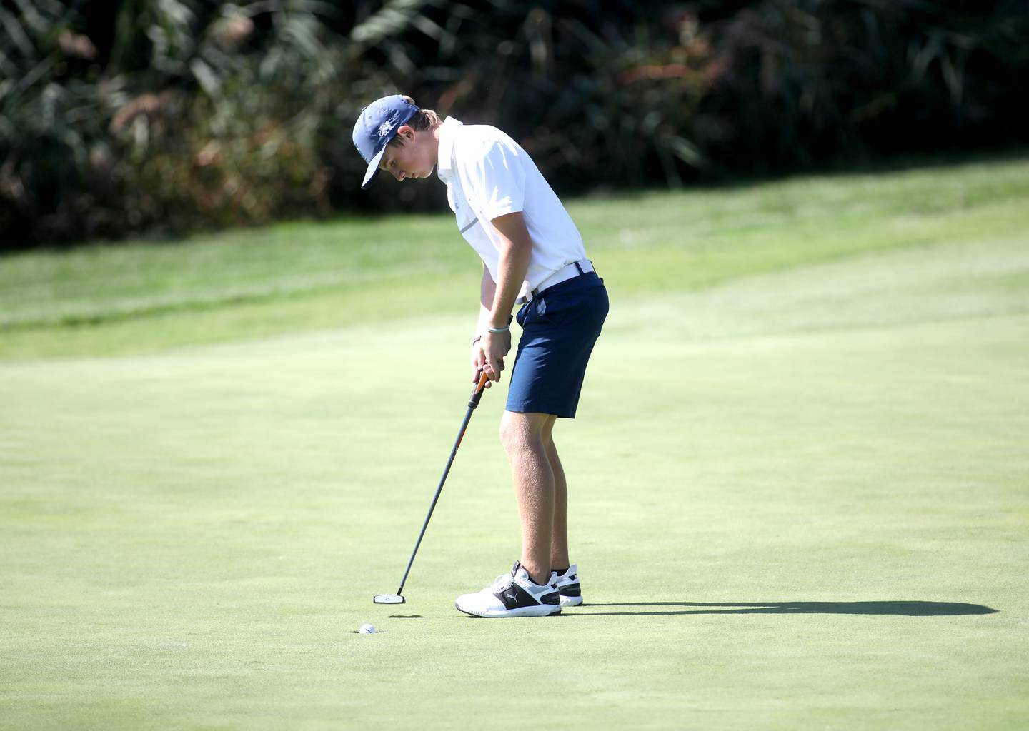 Geneva’s Matt Trimble putts during the Class 3A Plainfield North Boys Golf Sectional at Whitetail Ridge Golf Course in Yorkville on Monday, Oct. 2, 2023.