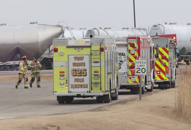 Troy Grove firefighters enter the ADM Milling and Rail Terminal on Tuesday, Feb. 24, 2026 in Mendota. There was a report of an explosion in the bay area.  The incident happened shortly before 9:30a.m.