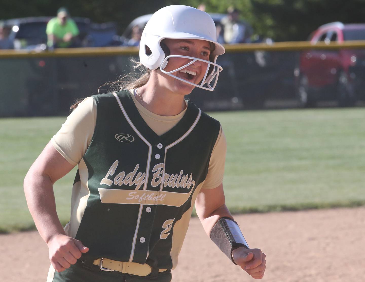 St. Bede's Ella Hermes reacts whlle rounding third base after hitting a three-run home run against Biggsville in the Class 3A Sectional championship game on Friday, May 26, 2023 at St. Bede Academy.