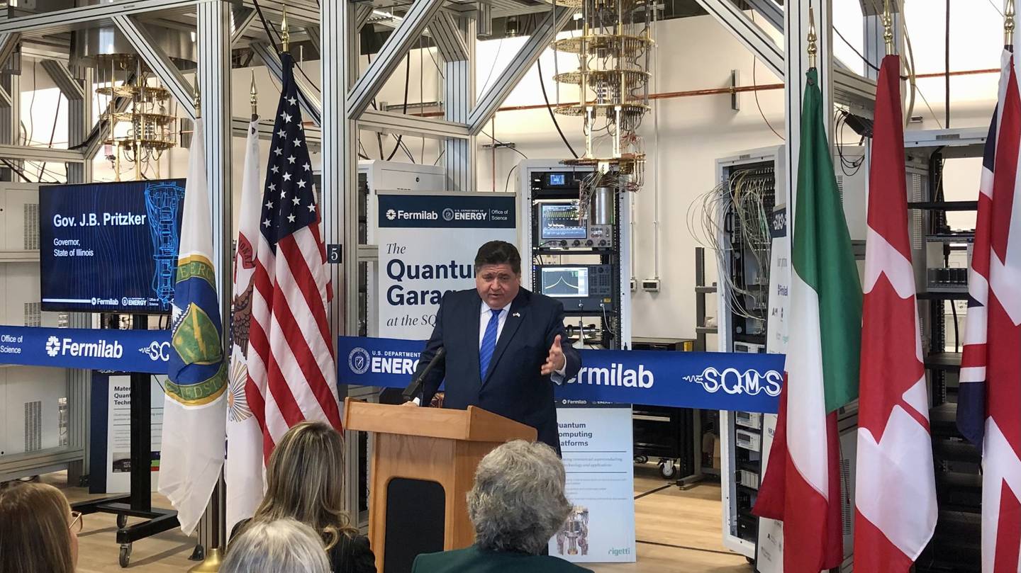 Gov. J.B. Pritzker speaks during the opening remarks before the ribbon cutting for Fermilab's new Quantum Garage on Nov. 6, 2023.