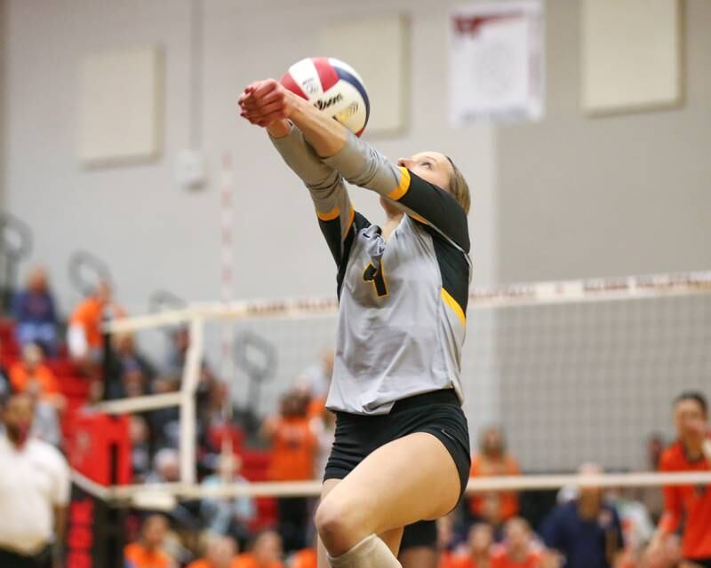 Joliet West's Lina Govoni (4) bumps the ball during Class 4A Bolingbrook Sectional semifinal match between Joliet West at Oswego.  Nov 5, 2024  in Bolingbrook.