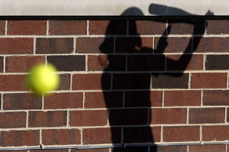 A shadow of a Huntley softball player appears to swing a a pitch during Fox Valley Conference softball game against Crystal Lake Central on Tuesday, April 8, 2025, at Huntley High School.