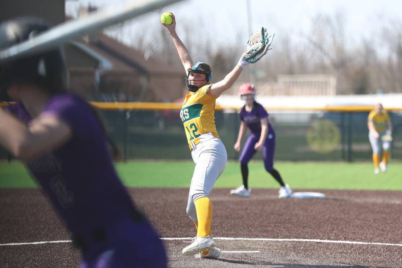 Coal City’s Masyn Kuder delivers a pitch against Wilmington on Monday, March 30, 2026 in Coal City.