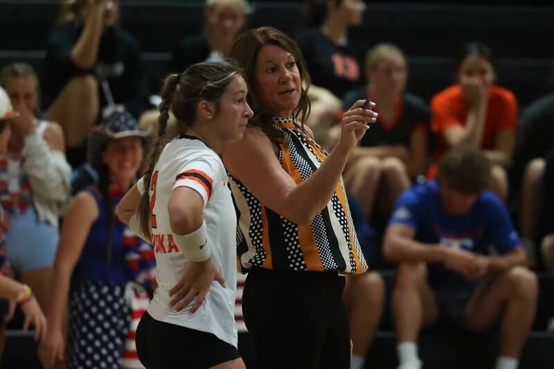Minooka head coach Carrie Prosek talks with Maria Vercelote against Joliet West on Tuesday, Sept. 26, 2023 in Joliet.
