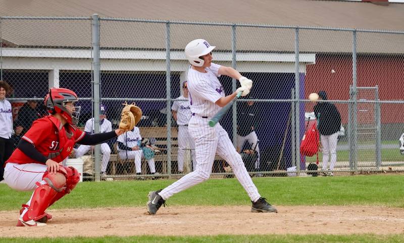 Rochelle's Conner Lewis smacks a two-run double during the Hubs' game with Streator.