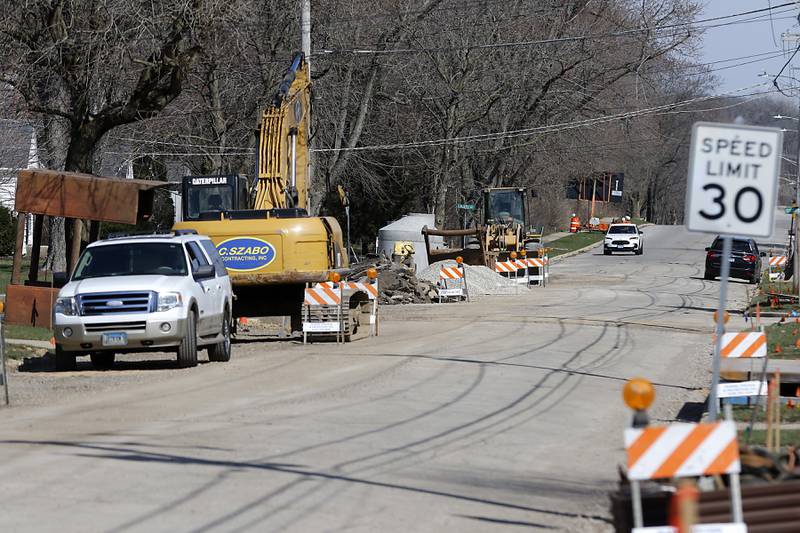 Water main construction continues on Kimball Avenue between Dean Street and Lake Avenue in  Woodstock on Monday, April 10, 2023.