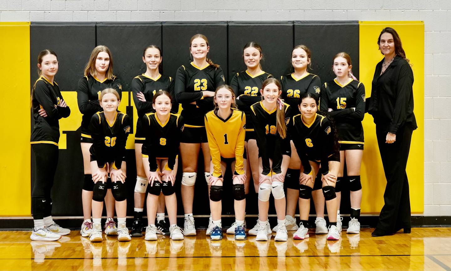 The Putnam County 7th grade volleyball team wrapped up an undefeated Tri-County Conference championship by defeating Midland on Monday, Feb. 12. Team members are (front row, from left) Makenna Wrobleski, Lillian Bouxsein, Jaylynn Dickey, Bailee Vice and Joselyn Lopez; and (back row) Millie Harris, Anna Poignant, Hannah Heiberger, Layton (Tula) Rue, McKlay Gensini, Kinsey Pierski, Kami  Nauman and Coach Shannon Jenkins.