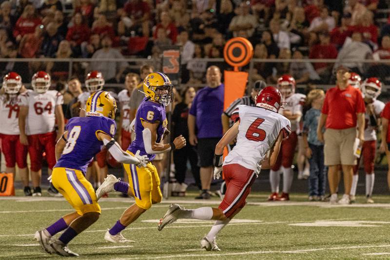Corbin Furar of Mendota High School breaks away from Hall High School defense to score Mendota's only touchdown during the game at The Jeff Prusator Athletic Complex on September 12, 2025 at Mendota High School.