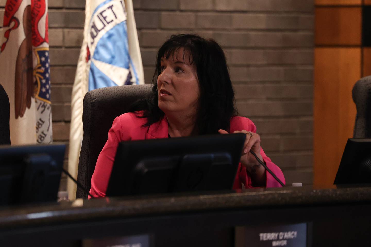 Councilwoman Suzanna Ibarra has a conversation before the start of the Joliet City Council meeting on Tuesday, July 18th, 2023.