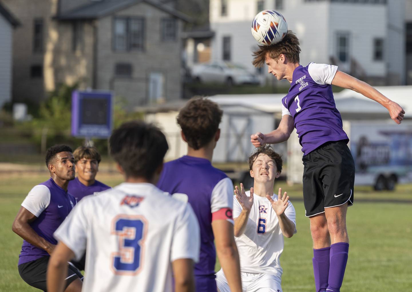 Dixon’s Dylan Osmer heads the ball against Genoa-Kingston Tuesday, Sept. 2, 2025.