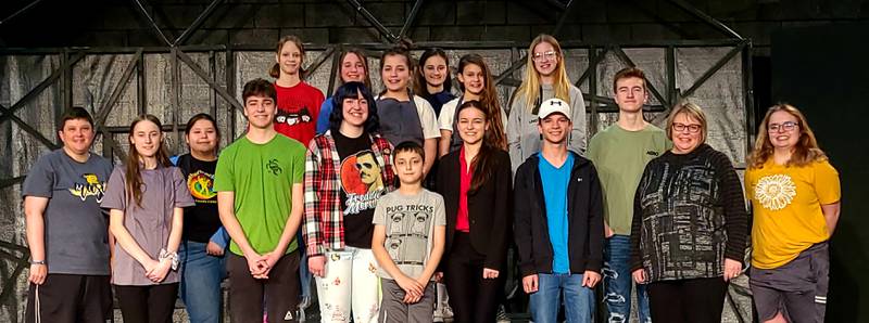 Kim Jalley, Anna Sandberg, Maverick Holocker, Paige Terando, Seth Sandberg, Lillian Sandberg, Austin Hack, Megan Goetz, and Brooklyn Brester.  Back row: Mayra Macias, Cadence Coleman, Lisa Myers, Tessa Gerling, Madison Wasilewski, Ella Schrowang, Piper Terando and Triston Walter.