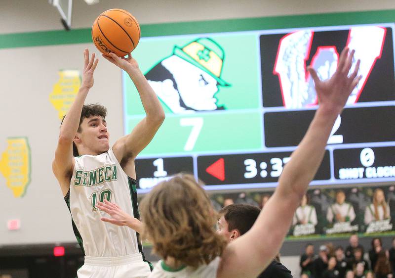 Seneca's Brayden Simek shoots a jump shot against Woodland on Friday, Feb. 14, 2025 at Seneca High School.