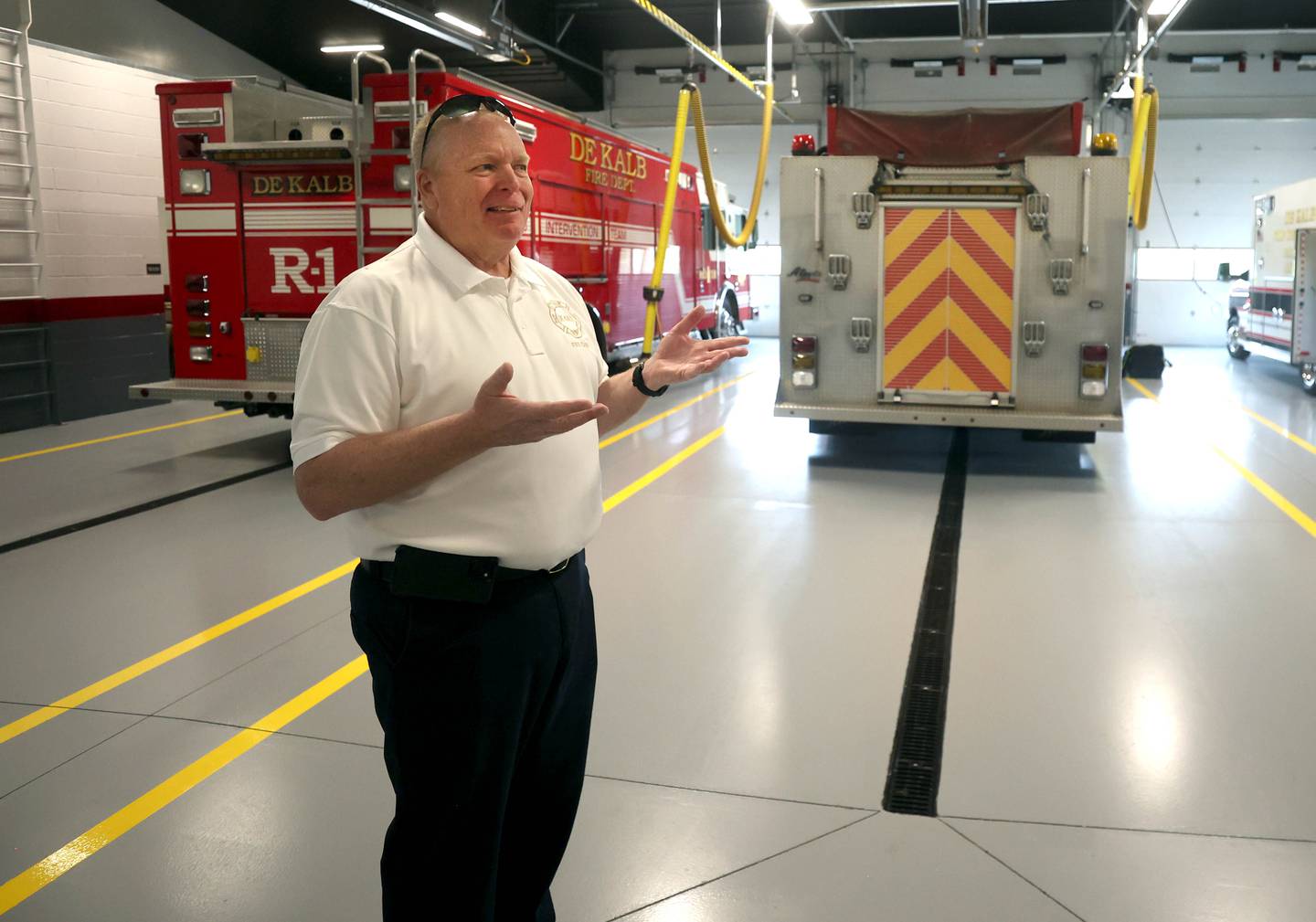 DeKalb Fire Chief Mike Thomas talks about the apparatus bay Tuesday, April 29, 2025, at the newly opened DeKalb Fire Station No. 4 on South Malta Road near the Schnucks shopping center.