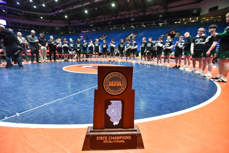 Coal City wrestlers line up to receive their medals following the Coalers' victory in the IHSA Class 1A Dual Team State Finals in Bloomington on Saturday, March 1.