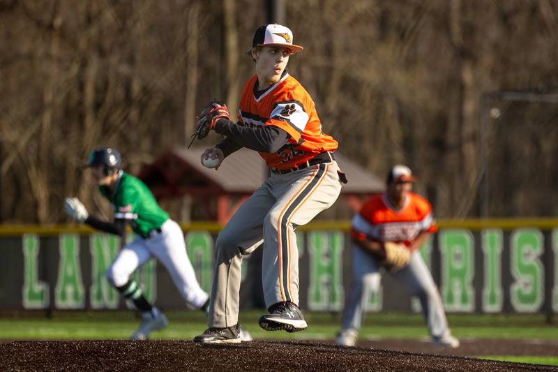 Nolen Lane (34) of Beecher pitches on Friday, April 11, 2025 at Seneca High School in Seneca.