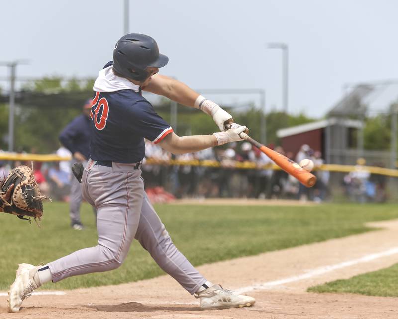 Oswego's Dylan King (20) puts bat on ball during Class 4A Plainfield North Regional final baseball game between Oswego at Plainfield North. Saturday, May 31, 2025 in Plainfield.