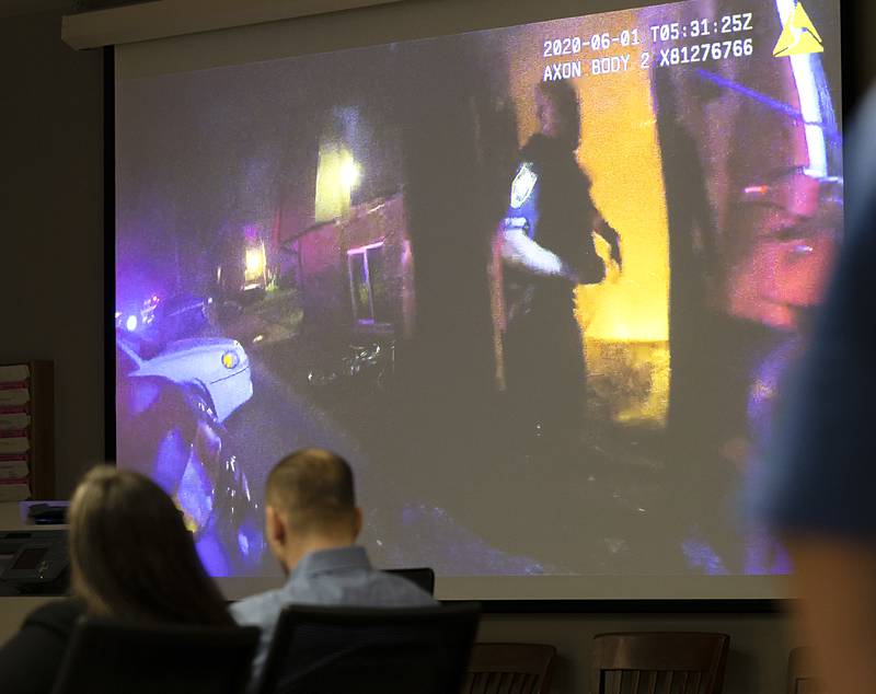 Body cam footage from Rock Falls police officer Ryan McKanna is shown in court Tuesday, July 16, 2024. The footage showed the fatal fire that took place in the early hours of June 1, 2020.