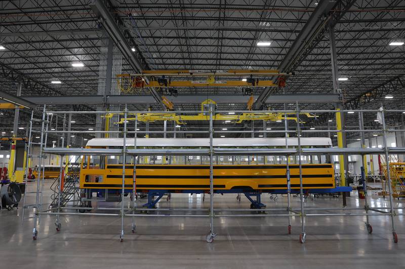 Lion Electric has begun manufacturing all electric buses at their new plant in Joliet. Wednesday, Aug. 10, 2022, in Joliet.