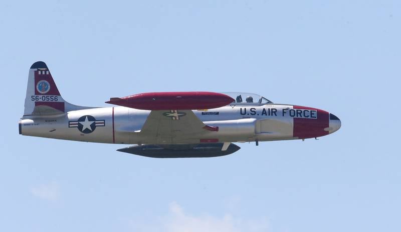A Lockhead T-33 Shooting Star flys overhead during the 10th annual TBM Avenger Reunion and Airshow on Friday, May 16, 2025 at the Illinois Valley Regional Airport in Peru.