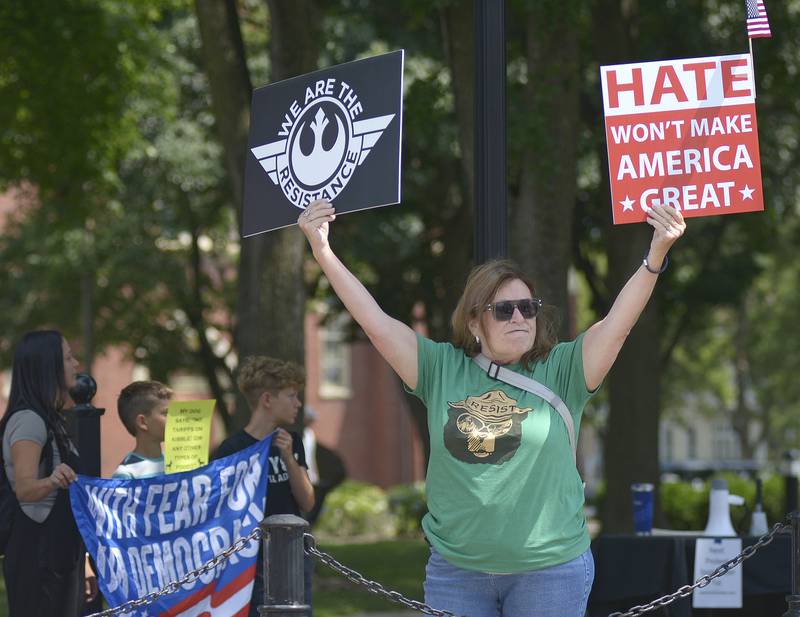 An estimated 100 took part Saturday afternoon in Ottawa’s Washington Square in the national “Rage Against the Regime” to protest the policies of President Tump’s administration.