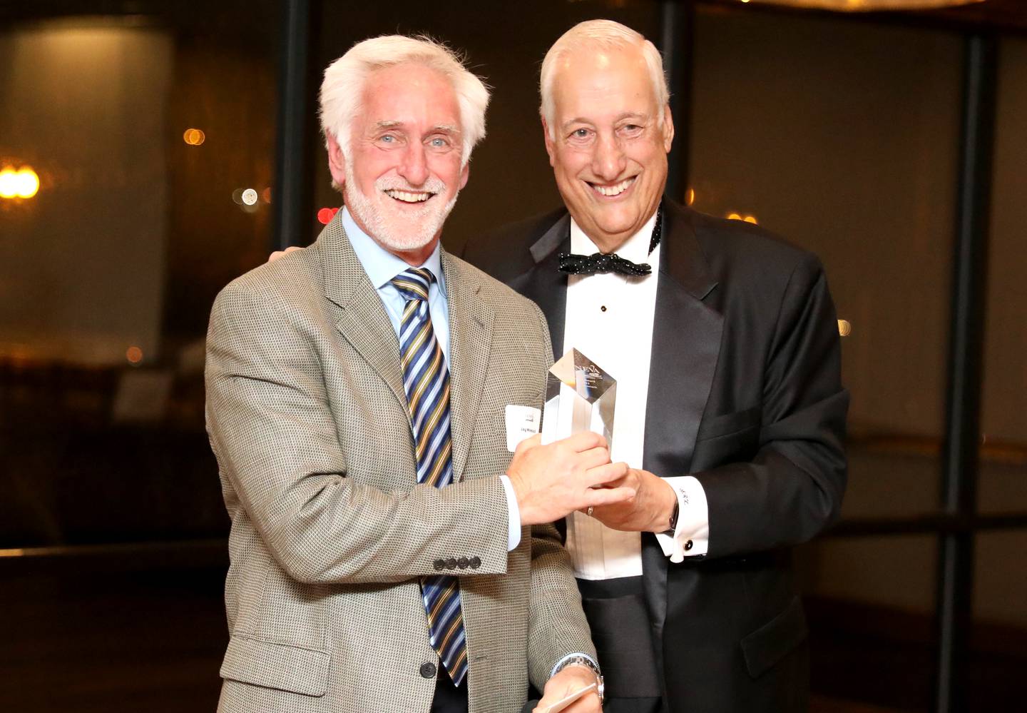 Jay Womack is presented with the 2022 Wood Award by Scott Lebin, chairman of the Geneva Chamber of Commerce Board of Directors during the chamber’s annual dinner and awards at Riverside Receptions in Geneva on Wednesday, Nov. 16, 2022.