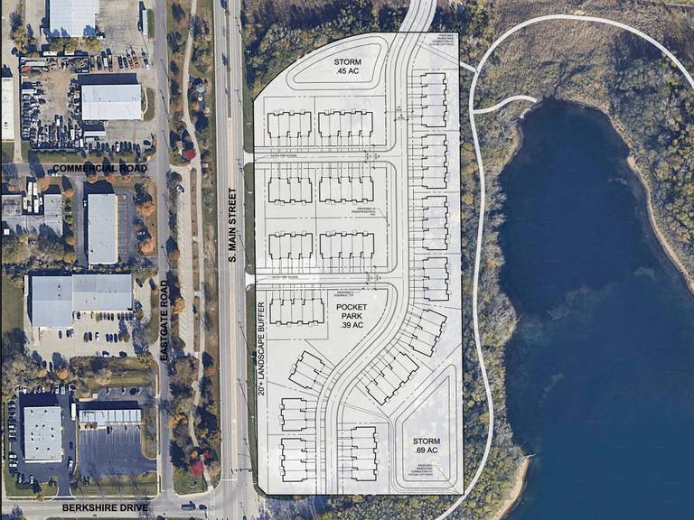 Conceptual renderings and a site plan for a possible mix-used development, including town homes, that would go along the western edge of the Three Oaks Recreation Area in Crystal Lake. The plan was presented during the planning and zoning meeting on Thursday, Oct. 6, 2022.