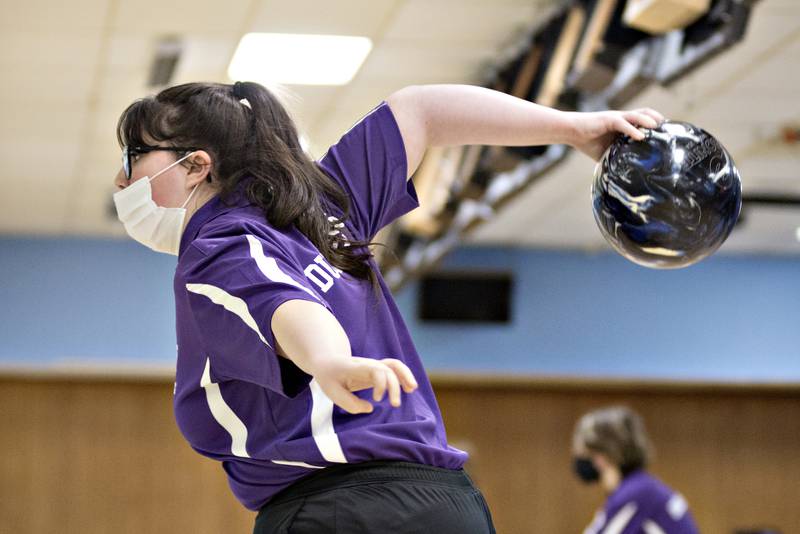 Dixon’s Leslie Pettorini draws back to roll Monday, Jan. 10, 2022 against Sterling.
