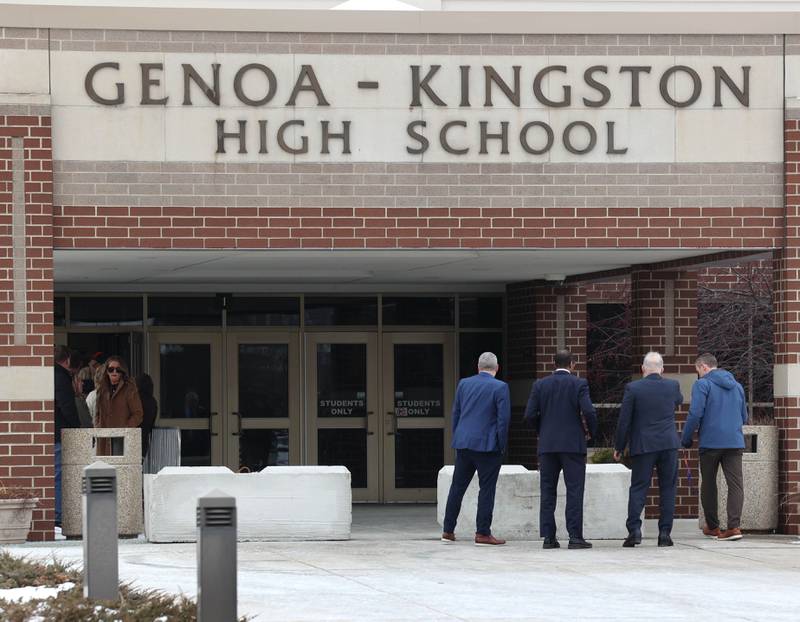 People walk in to Genoa-Kingston High School Thursday, Feb. 5, 2026, at the start of the The “History Rocks” assembly at the School. The assembly is part of a nationwide campaign by the U.S Department of Education tied to the nation’s 250th anniversary and was organized by the high school’s Turning Point USA, Club America chapter, a nonprofit founded in 2012 by the late Charlie Kirk.