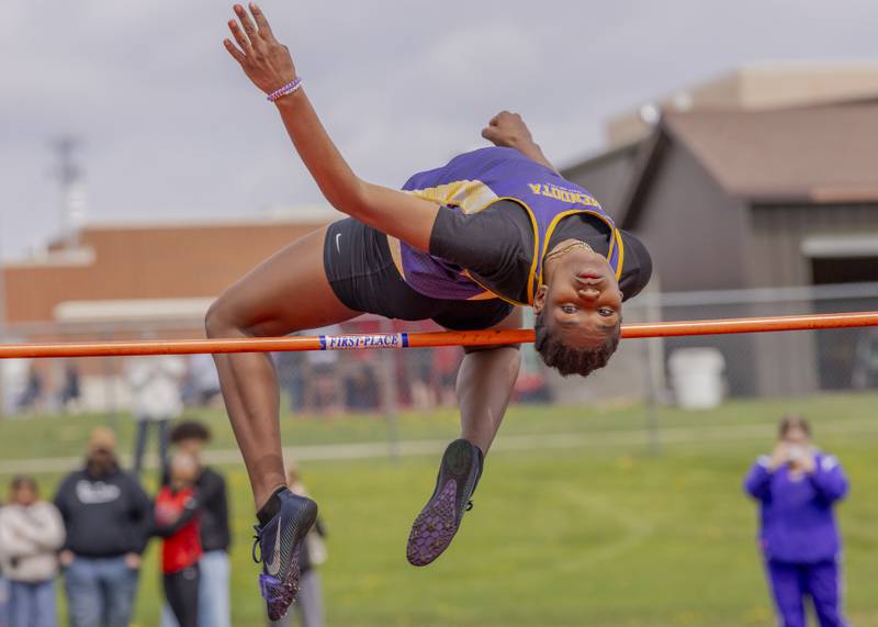 Mariyah Elam of Mendota High School clears the bar at the girls high jump during the Rollie Morris Invite on April 19, 2025 at Hall High School.