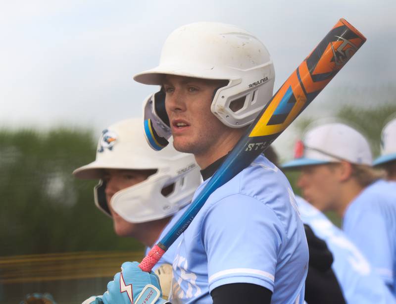 Nazareth’s Landon Thome waits to bat against Joliet Catholic on Wednesday, April 29, 2026 in Joliet.