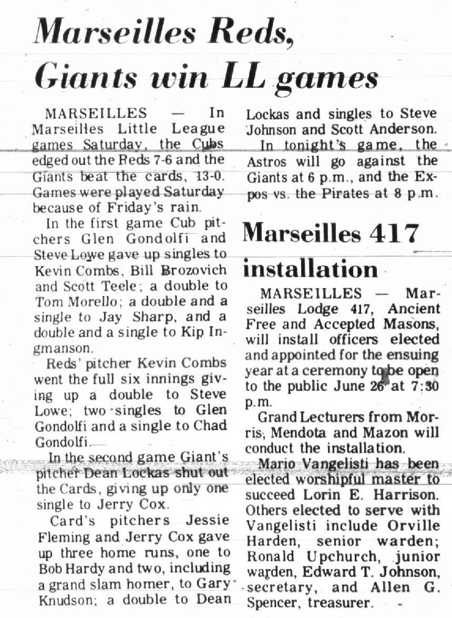 Rage Against the Machine guitarist Tom Morello played Little League baseball in Marseilles. He recalls those memories often when he talks about his connection with the community. Here is an old newspaper clip from one of his games.