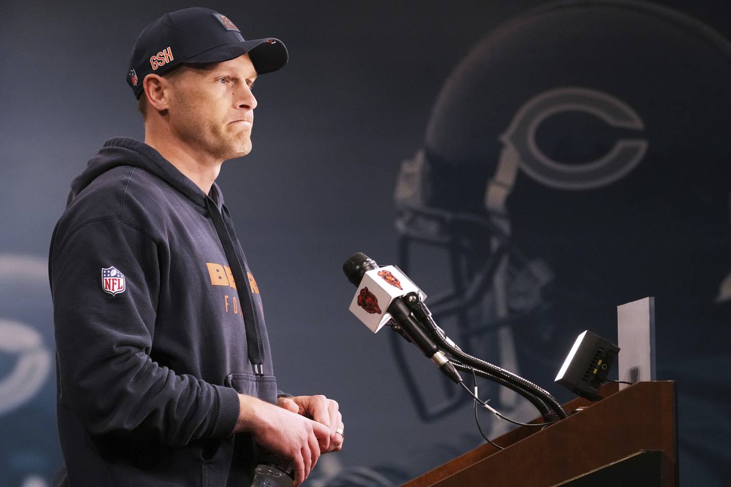 Chicago Bears head coach Ben Johnson talks to the media after the NFL football team's rookie camp in Lake Forest, Ill., Friday, May 9, 2025. (AP Photo/Nam Y. Huh)