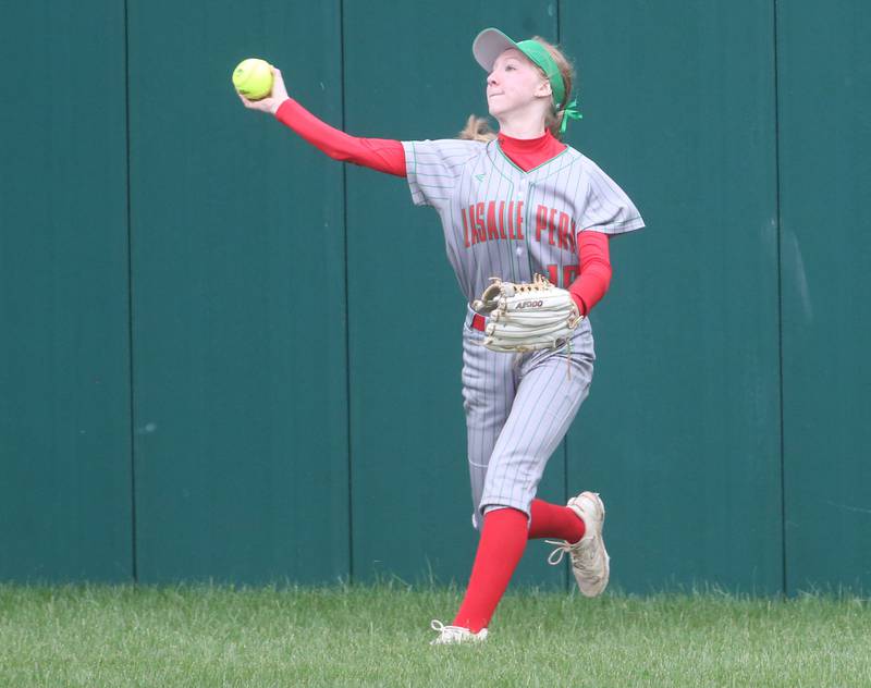 L-P's Lydia Steinbach throws the ball back into the infield on Monday, April 21, 2025 at the L-P Athletic Complex in La Salle.