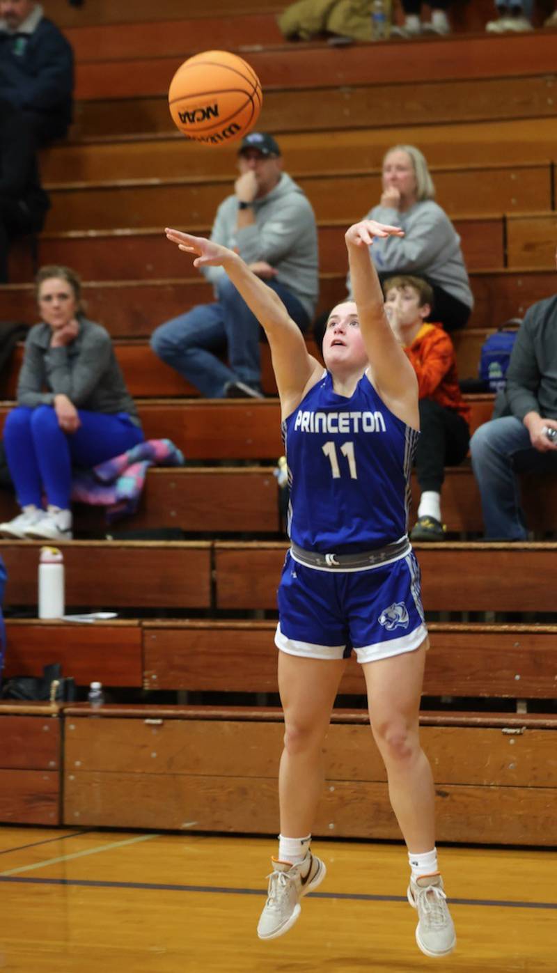 Princeton's Makayla Hecht fires away against Alleman's in Thursday's regional championship game at Prouty Gym. The Pioneers won 40-27.