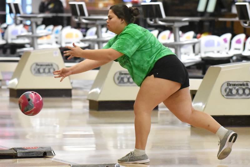 Bishop McNamara's Tori Torres bowls during the All-City girls bowling meet at Brookmont Bowling Center in Kankakee on Wednesday, Feb. 5, 2025.