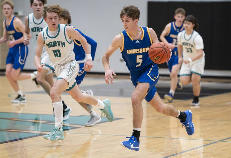 Johnsburg's Kyle Patterson gets a fast break during their game against Woodstock North on Wednesday, January 31, 2024 at Woodstock North High School. Ryan Rayburn for Shaw Local