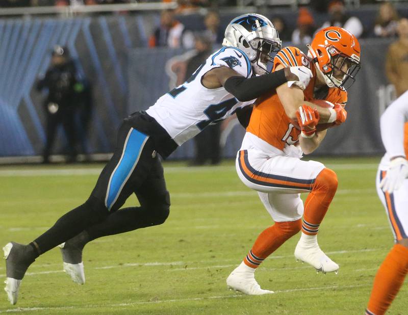 Carolina Panthers safety Sam Franklin Jr. brings down Chicago Bears wide receiver Trent Taylor on Thursday, Nov. 9, 2023 at Soldier Field.