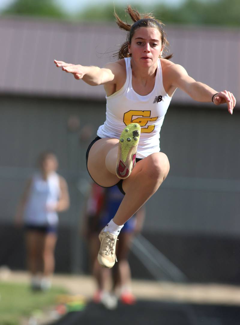 Carmel’s Natalie Ferguson competes in the long jump in IHSA Class 2A Girls Sectional Track action at Genoa-Kingston School in Genoa on Friday, May 16, 2025.