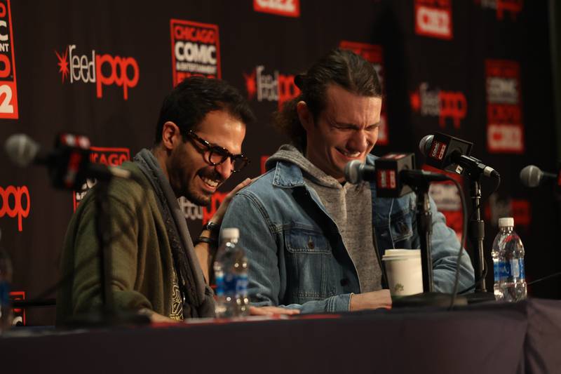 Actors from the animated series Chainsaw Man Ryan Colt Levy (left), voice of Denji/Chainsaw Man, and Reagan Murdock, voice of Aki Hayakawa, share a laugh at the Chainsaw Man cast panel at C2E2 Chicago Comic & Entertainment Expo on Sunday, April 2, 2023 at McCormick Place in Chicago.