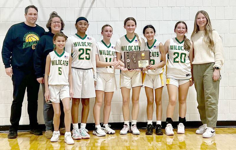 Spring Valley JFK defeated Putnam County 22-17 to capture the 7th grade regional championship, the first for the JFK girls program. The Wildcats (24-1) advance to sectionals at Indian Creek to play Princeville on Dec. 4. Team members are (front row, from left) Marleigh Gray (from left), Miracle Wright, Josie Edgcomb, Vivi Verucchi, Yaz Mandujano, Brynn Pellegrini and Kera Arnold (not pictured); and (back row) coaches TJ Orlandi, Caitlin Gerdes and Bri Verucchi.